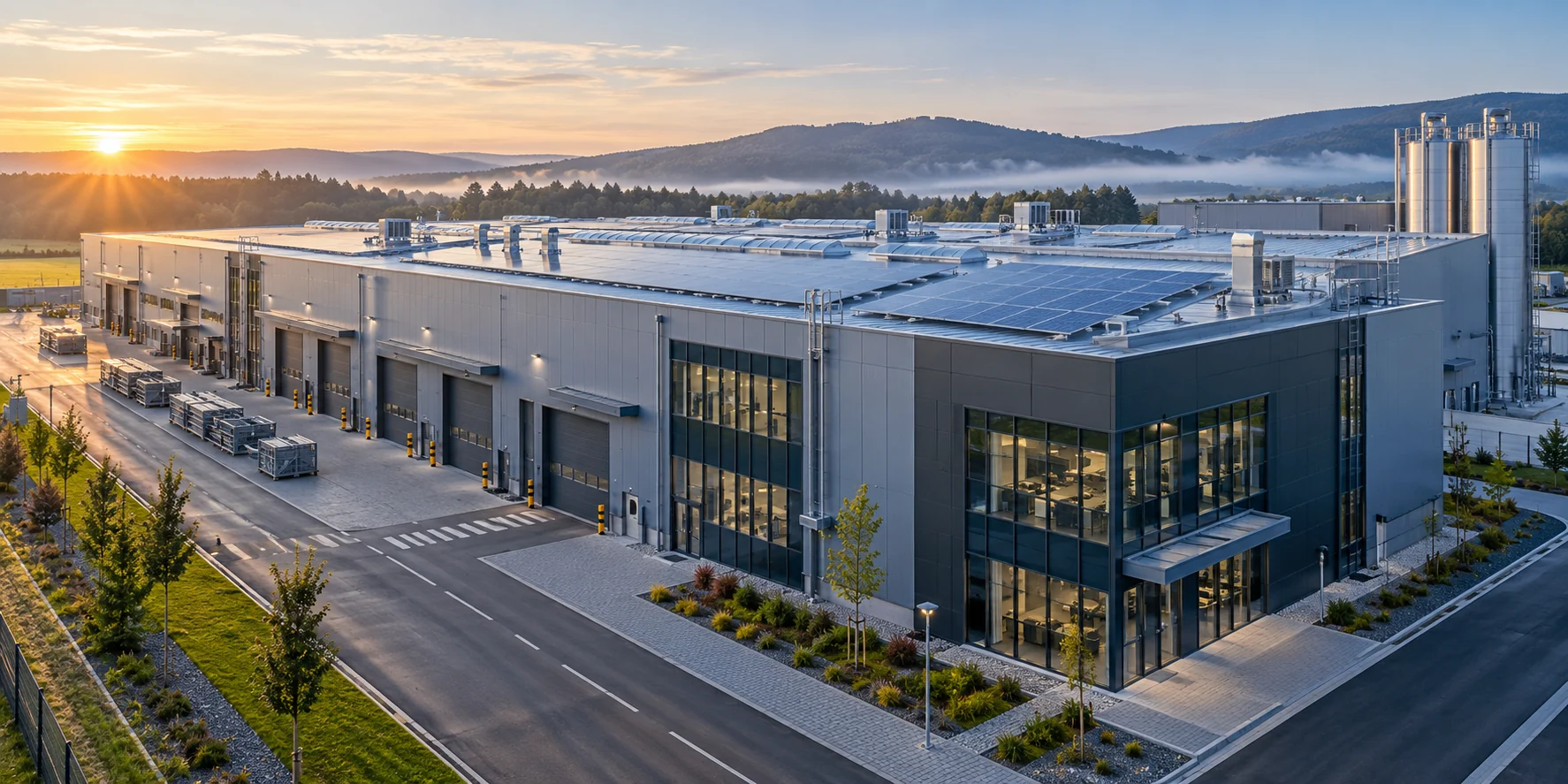 Industrial facility with steel structure and rooftop solar panels