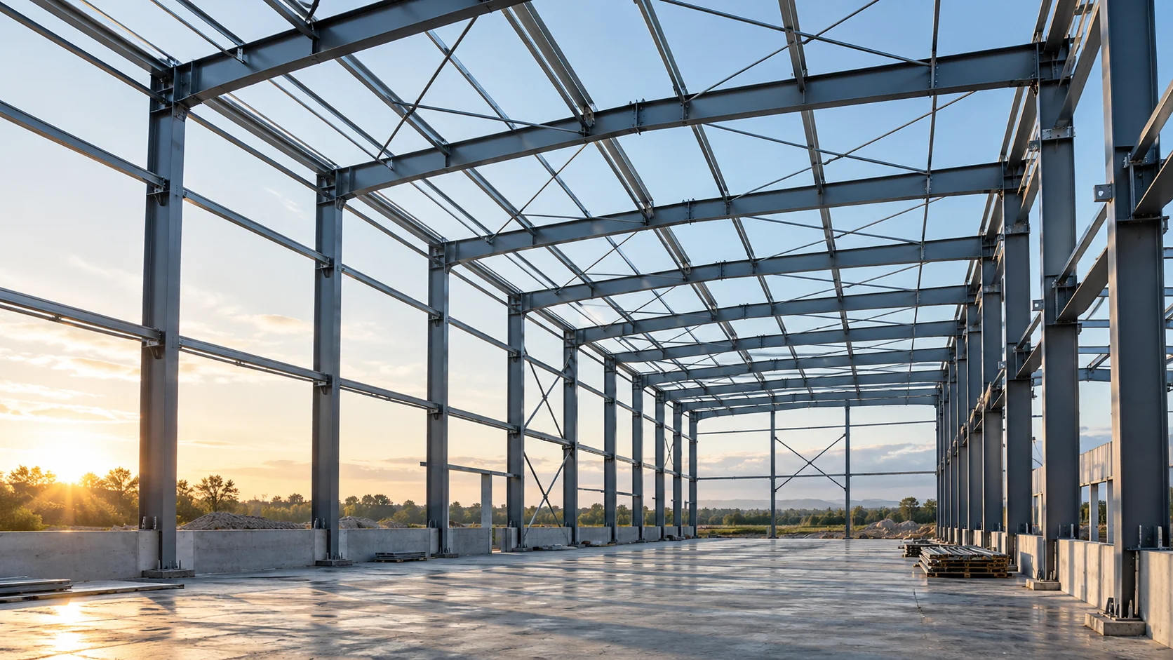 Steel frame of an industrial hall under construction