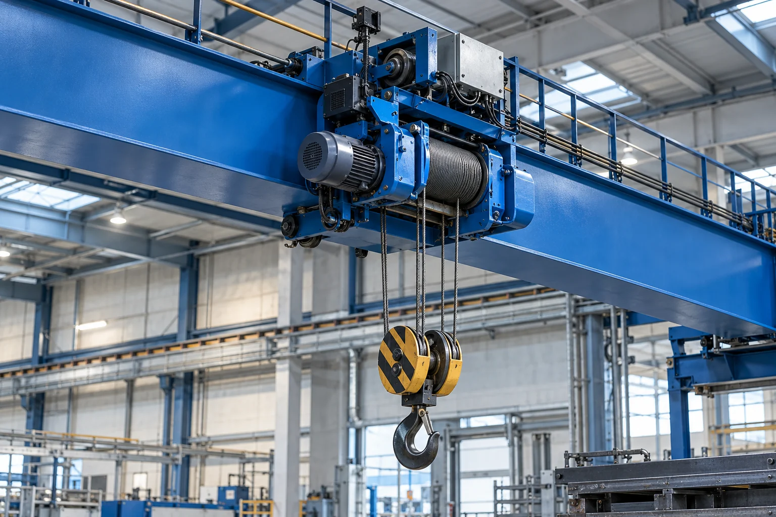 Overhead bridge crane and electric hoist in a modern factory