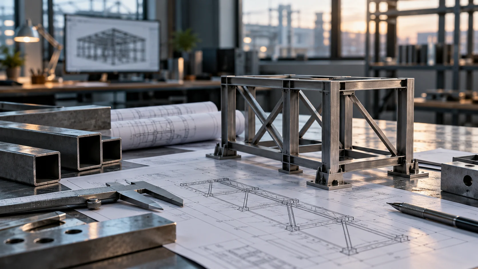 Technical drawings and steel structure model on an engineering worktable