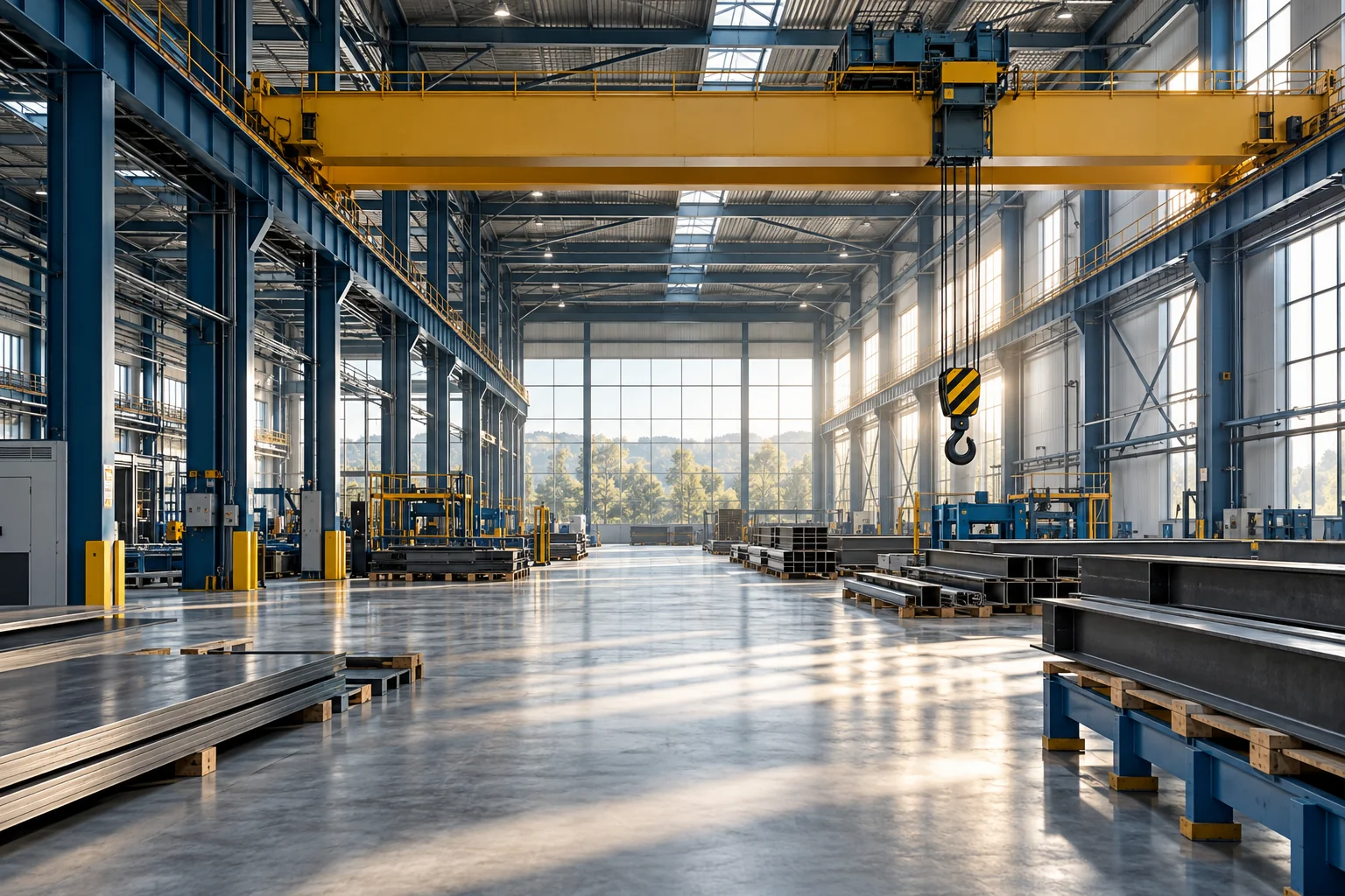 Modern industrial steel hall with overhead bridge crane