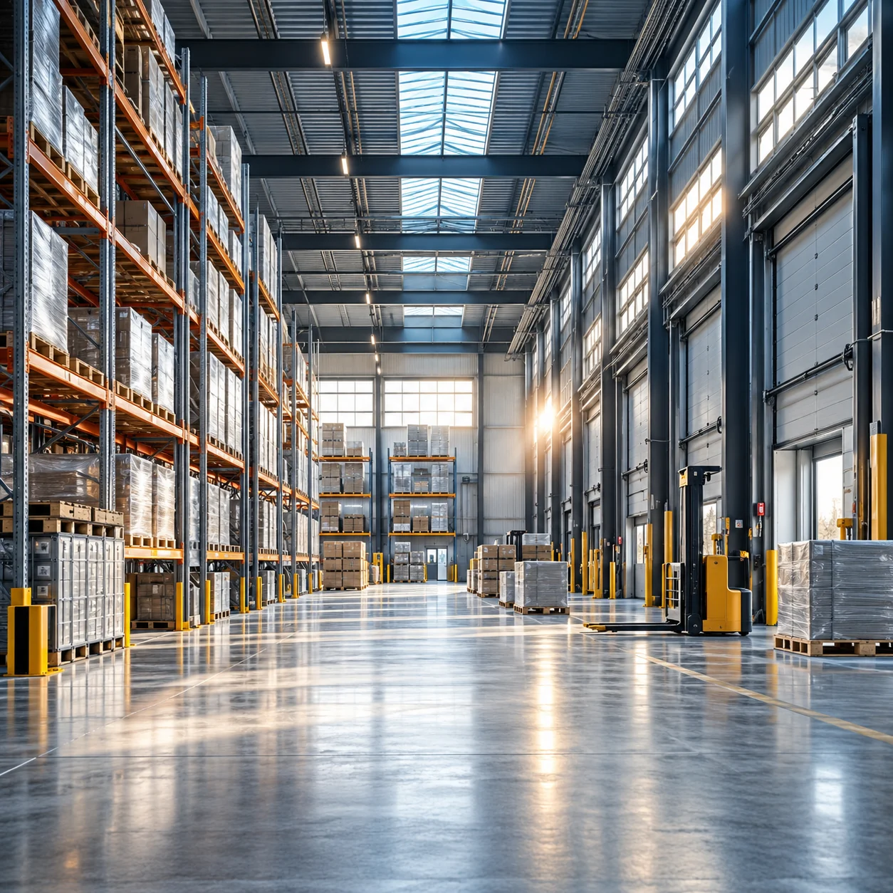 Modern logistics warehouse with organized steel racks and loading equipment