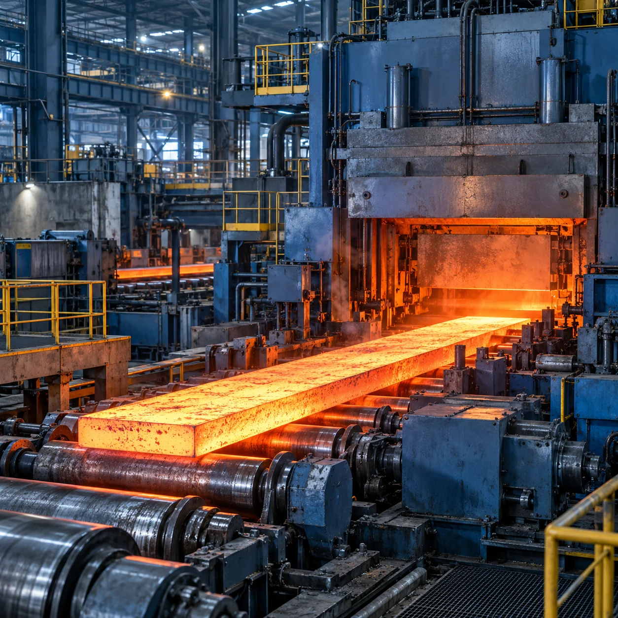 Steel rolling mill processing glowing hot metal