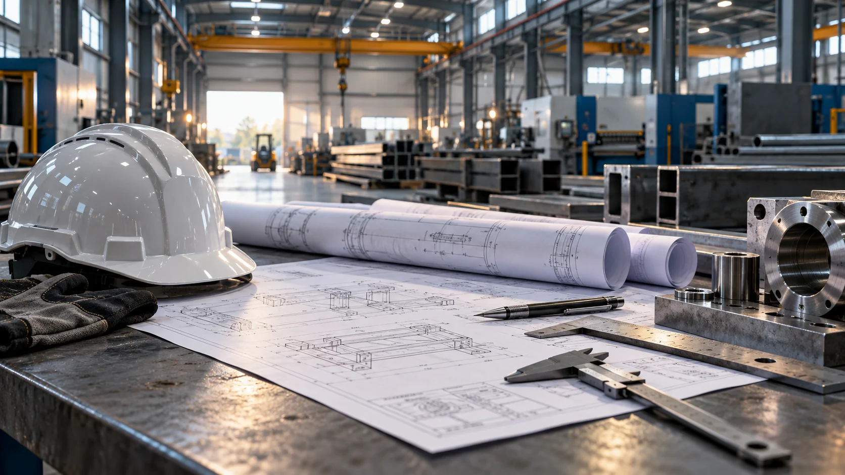 Engineering plans and precision tools inside an industrial facility